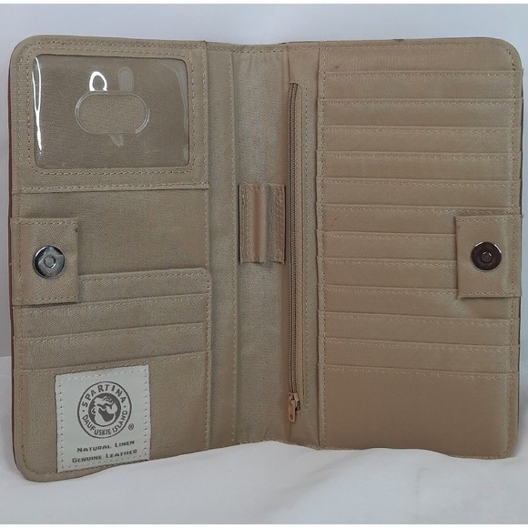 Spartina Floral Snap Wallet Daufuskie Island Brown Linen Leather Organizer - Picture 4 of 10